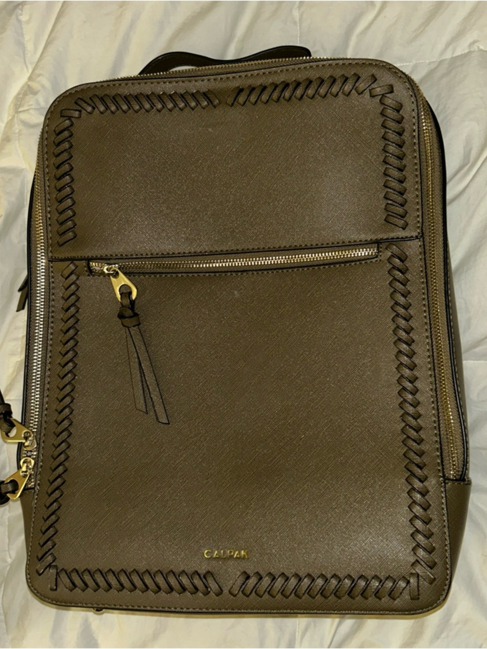 Calpak Brown Woven-Trim Backpack with Gold Hardware